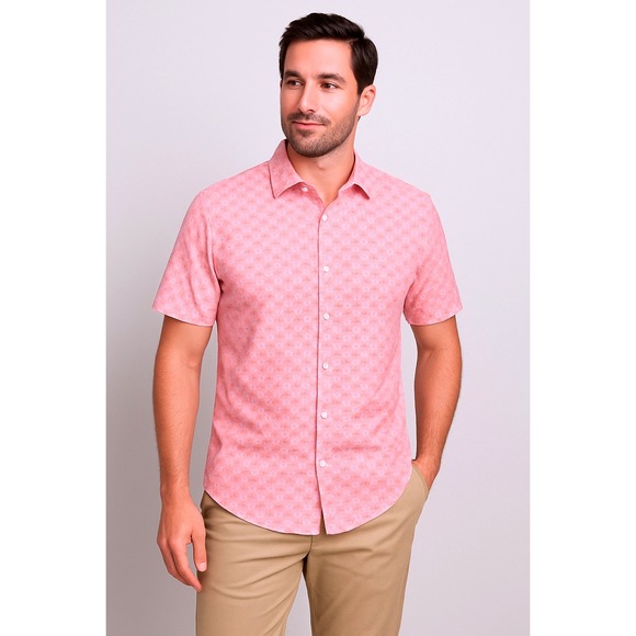 Van Heusen Other - Van Heusen Mens L Pink Palm Tree Print Hawaiian Style Short Sleeve Shirt NWT
